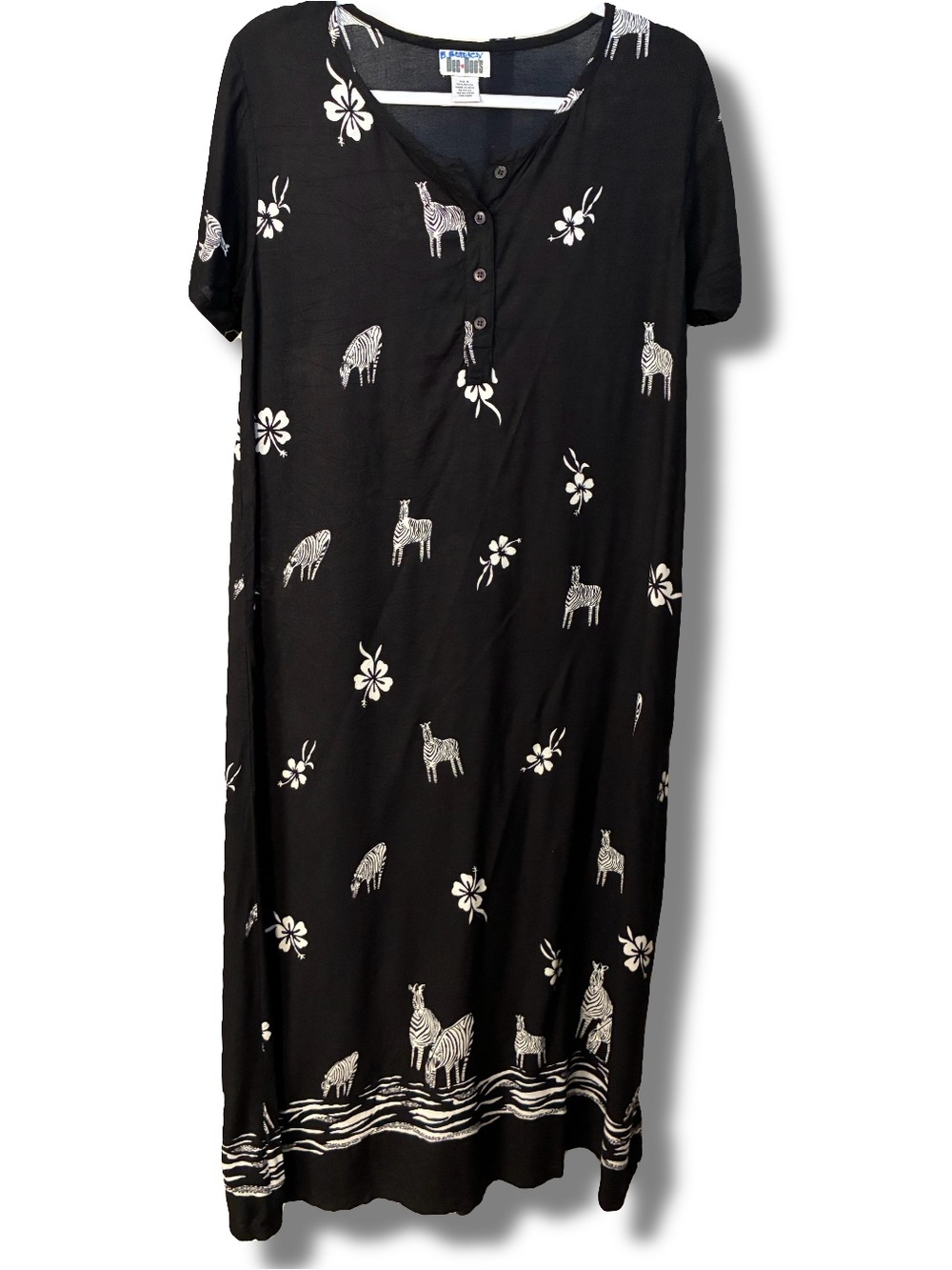 Vintage Black Maxi Dress with White Zebra & Floral Print Rayon Medium